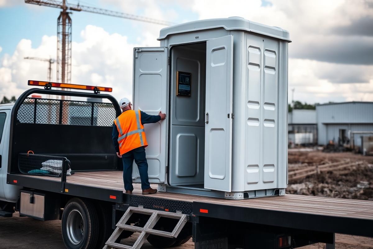 Capital City Rentals delivery driver unloading a clean portable toilet at a Baton Rouge jobsite