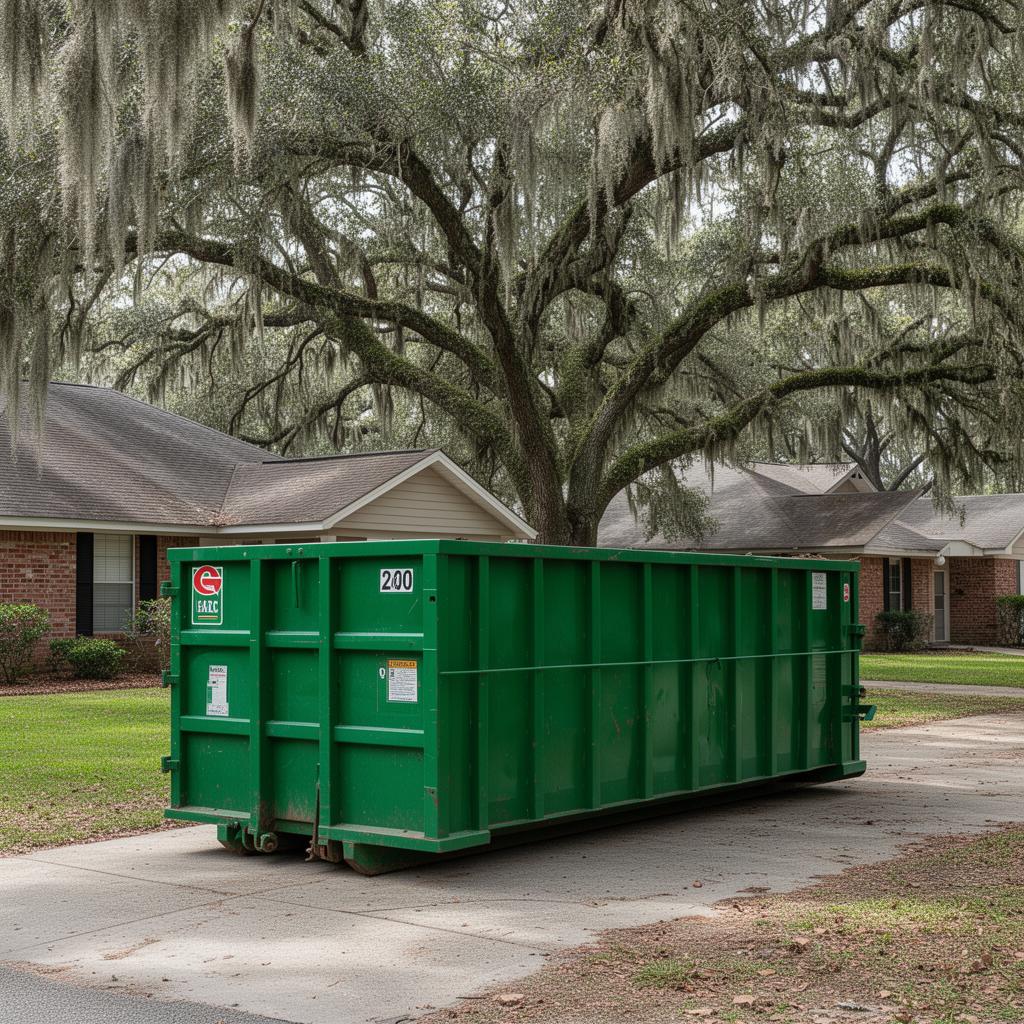 Green 20-yard roll-off dumpster placed on a residential driveway in Baton Rouge under live oak trees