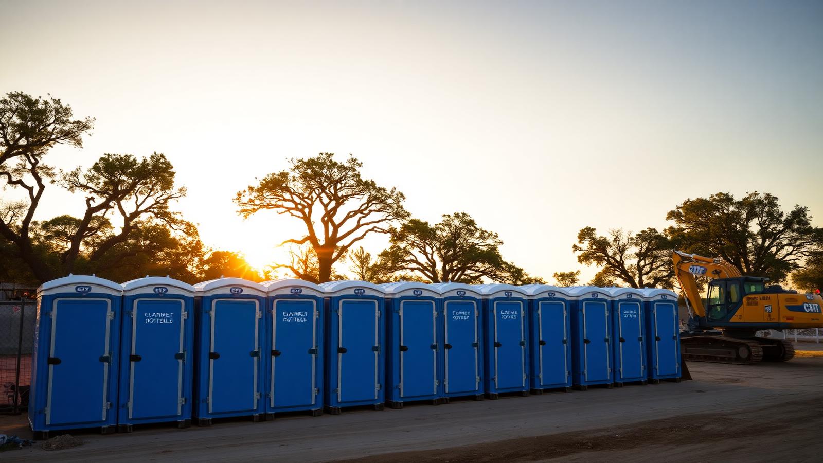 Row of clean blue portable toilets delivered to a Baton Rouge construction site at sunset